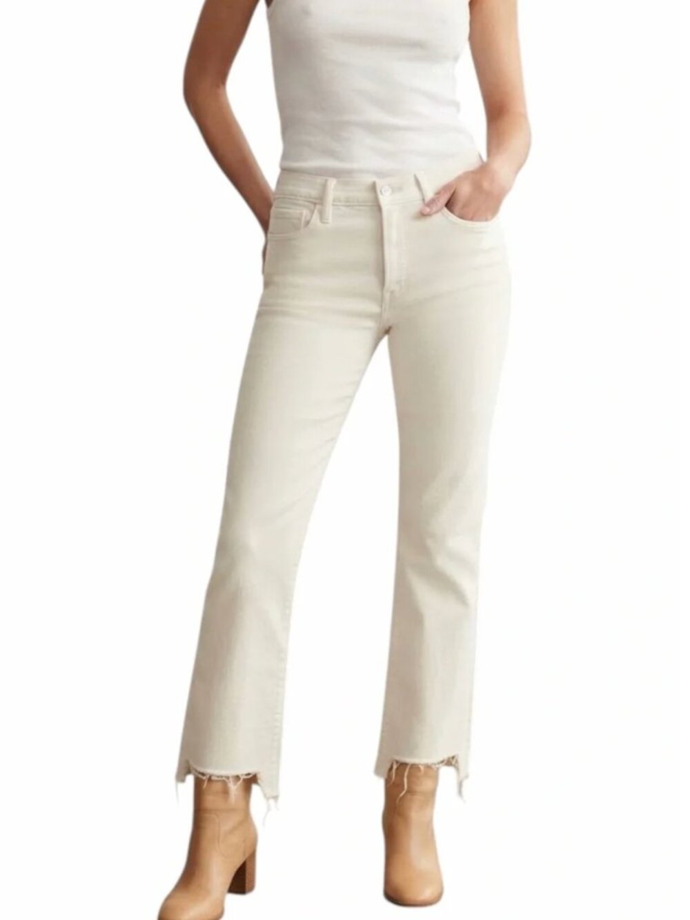 MOTHER Insider Crop Step Fray Glass Slipper White Kick Flare Jeans Size 26